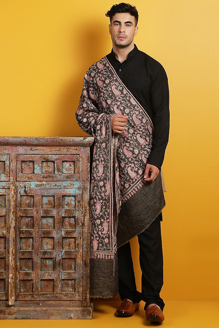 Black Embroidered Handwoven Shawl by Dusala Men