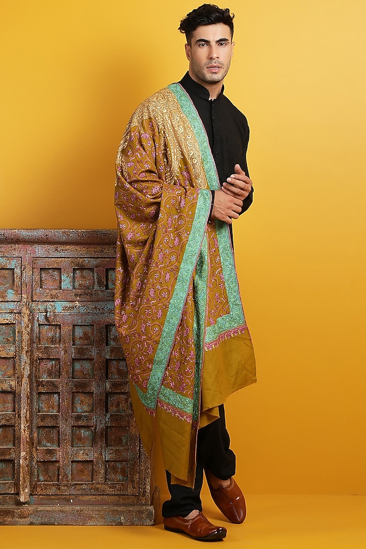 Mustard Embroidered Handwoven Shawl by Dusala Men