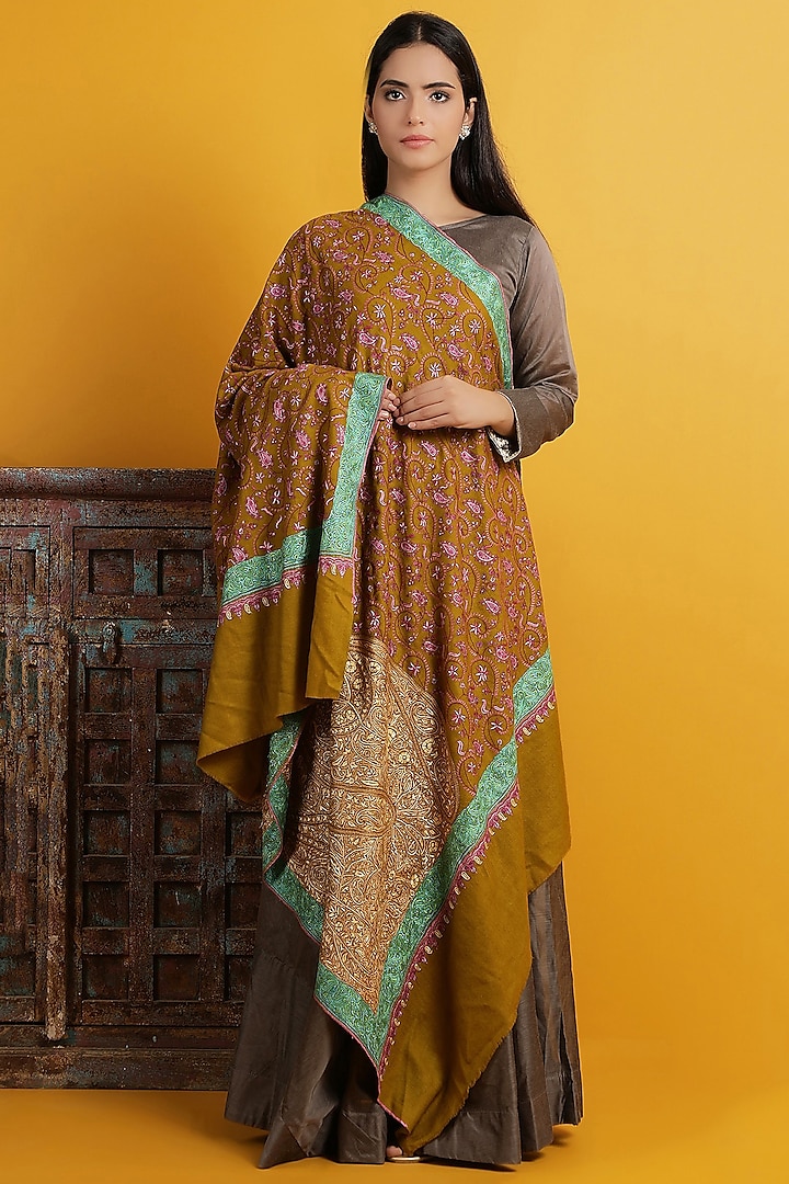 Mustard Embroidered Handwoven Shawl by DUSALA  ACCESSORIES at Pernia's Pop Up Shop