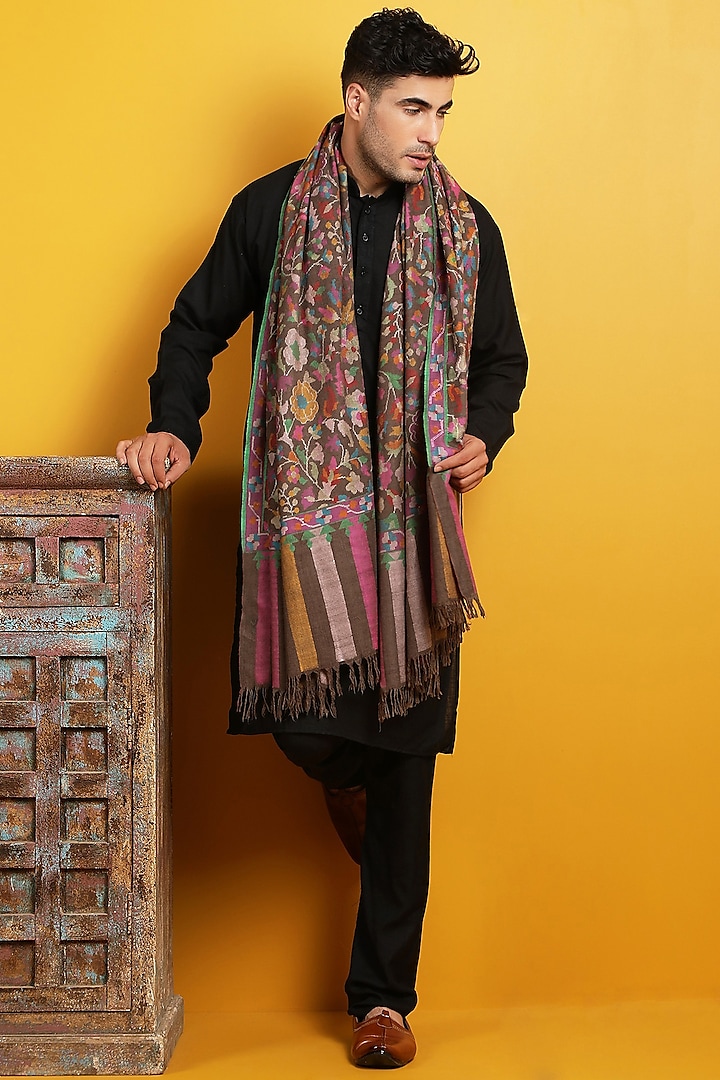 Brown Embroidered Handwoven Shawl by Dusala Men