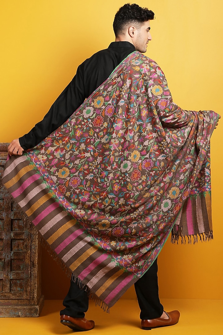 Brown Embroidered Handwoven Shawl by Dusala Men at Pernia's Pop Up Shop