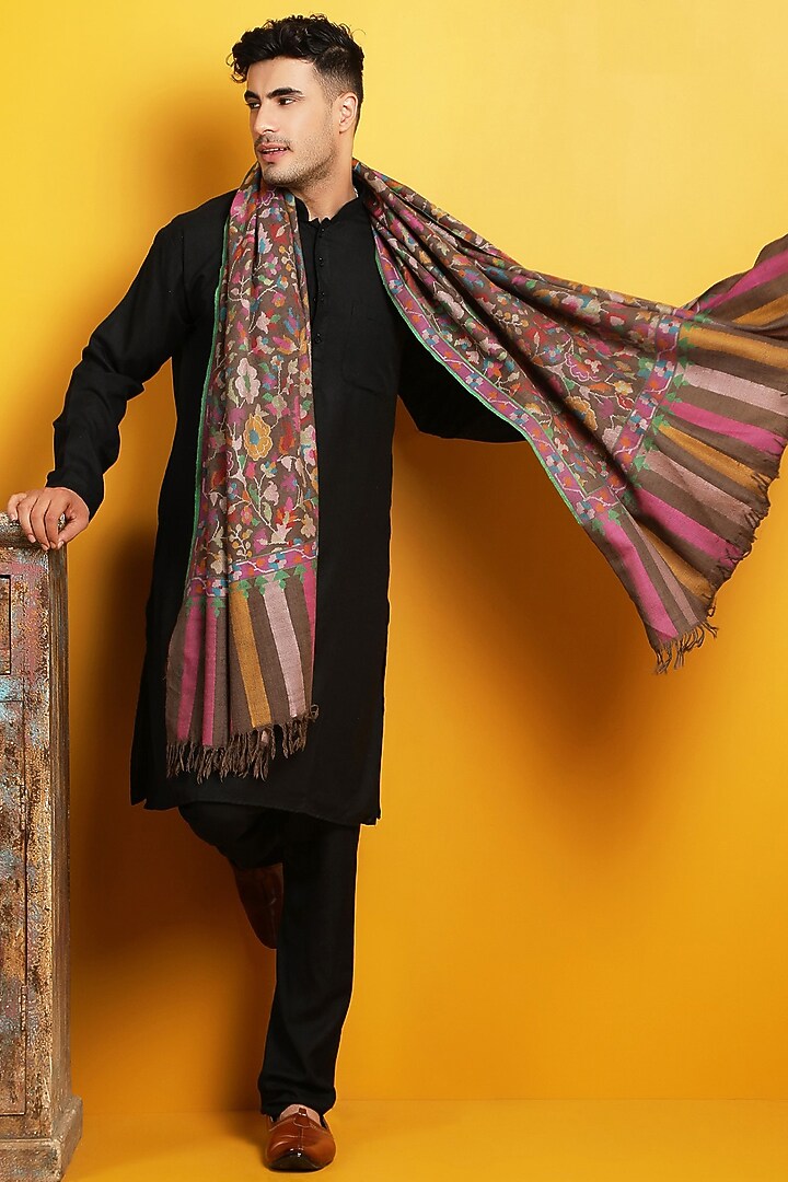 Brown Embroidered Handwoven Shawl by Dusala Men at Pernia's Pop Up Shop