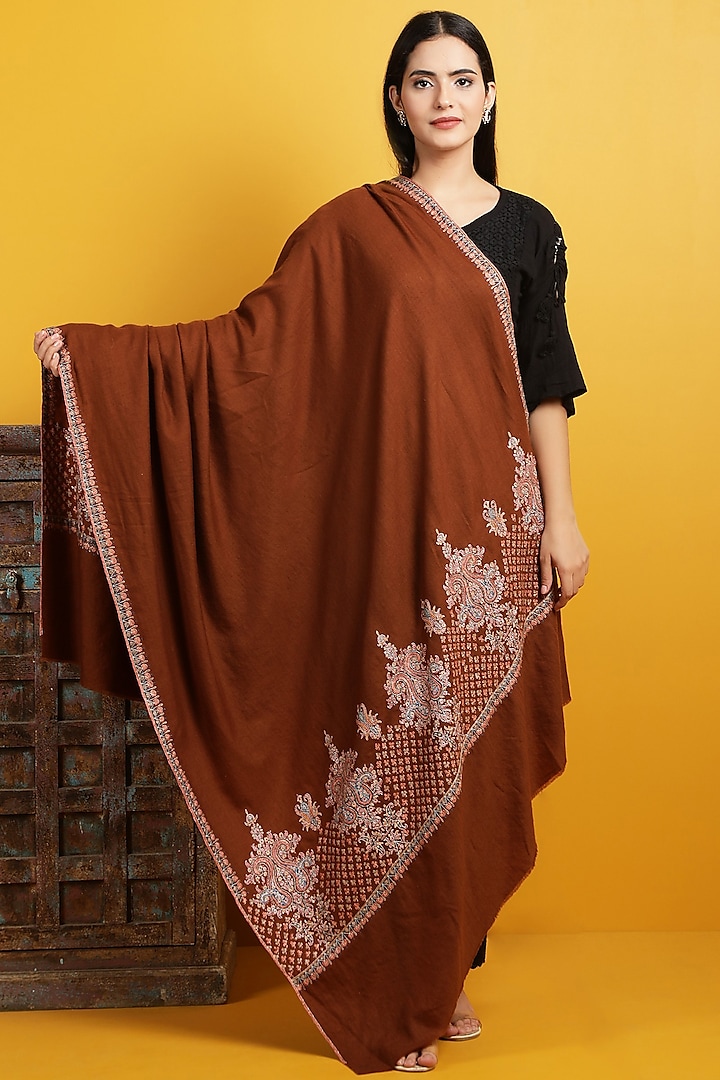 Brown Hand Embroidered Handwoven Shawl by DUSALA  ACCESSORIES