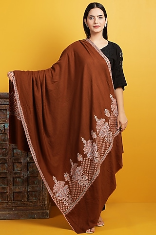 Brown Hand Embroidered Handwoven Shawl by DUSALA  ACCESSORIES