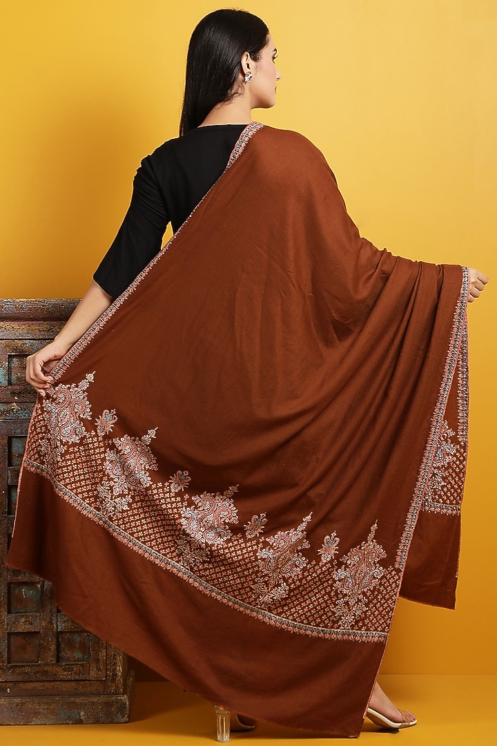 Brown Hand Embroidered Handwoven Shawl by DUSALA ACCESSORIES at Pernia's Pop Up Shop