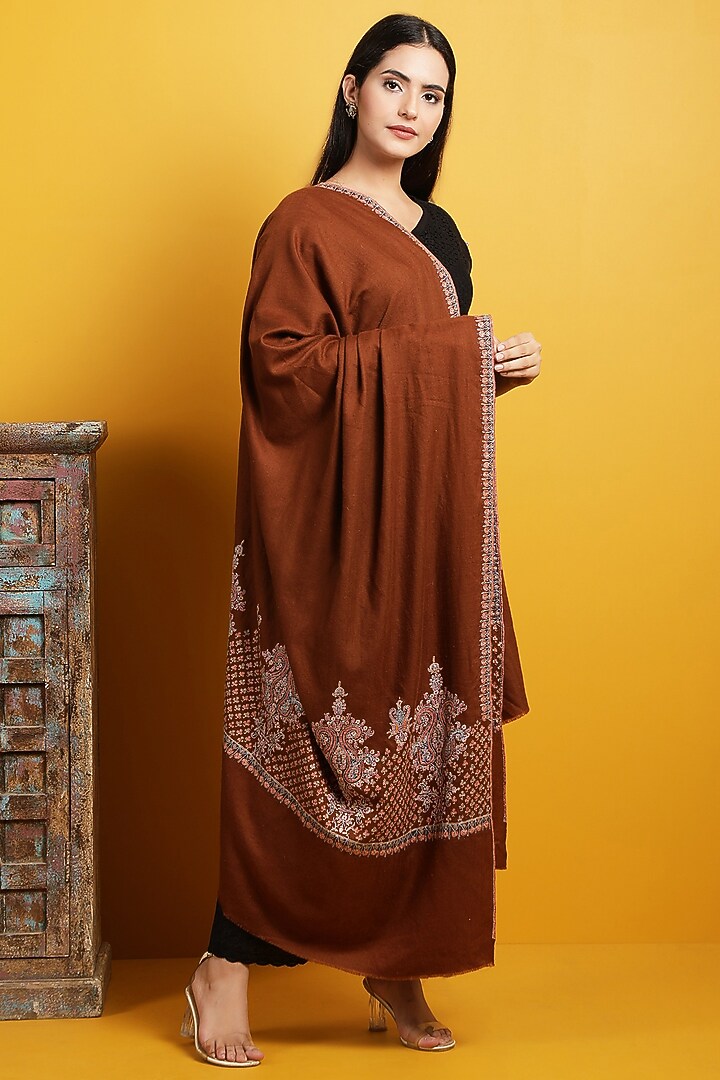 Brown Hand Embroidered Handwoven Shawl by DUSALA ACCESSORIES at Pernia's Pop Up Shop