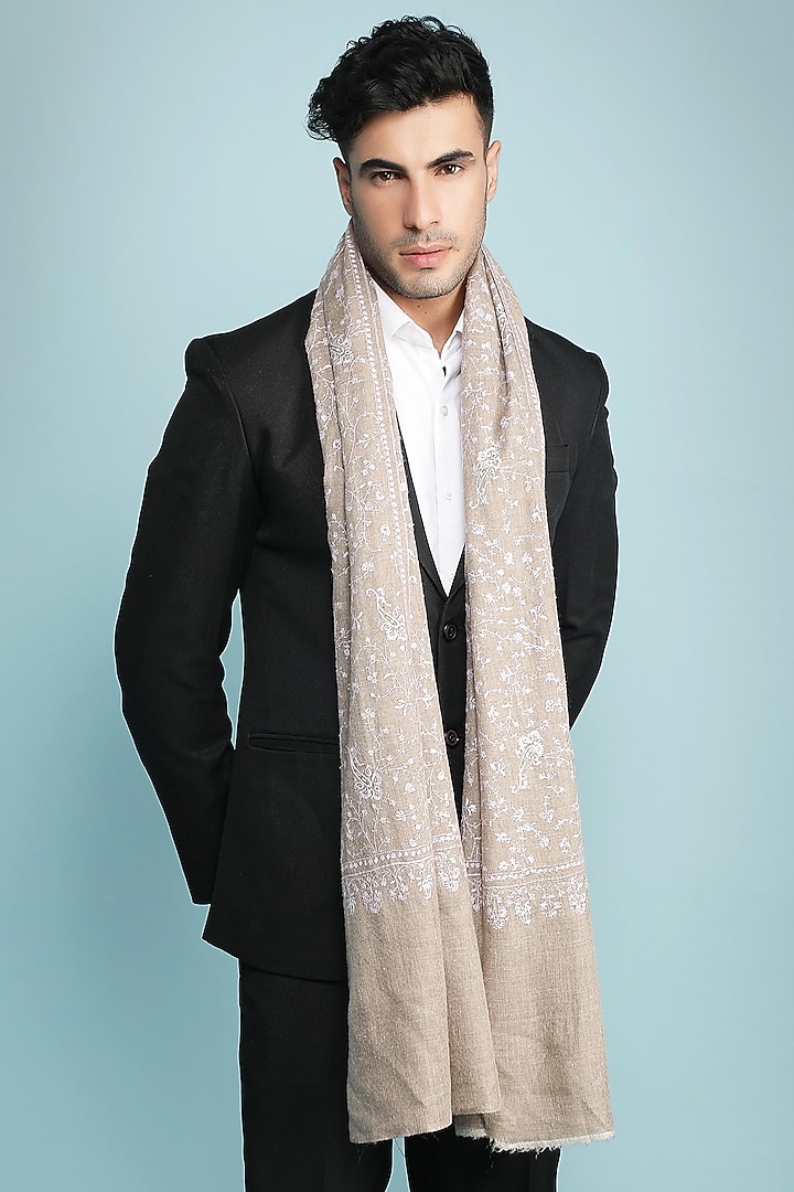 Beige Hand Embroidered Stole by Dusala Men at Pernia's Pop Up Shop