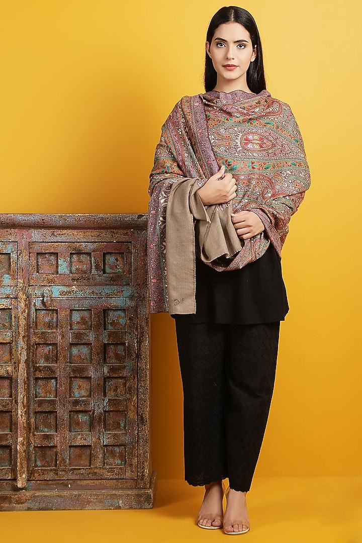 Light Brown Pashmina Shawl by DUSALA  ACCESSORIES at Pernia's Pop Up Shop