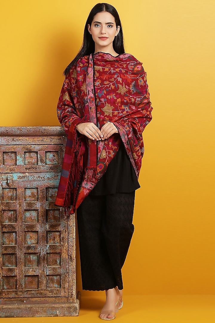 Maroon Hand Embroidered Shawl by DUSALA  ACCESSORIES