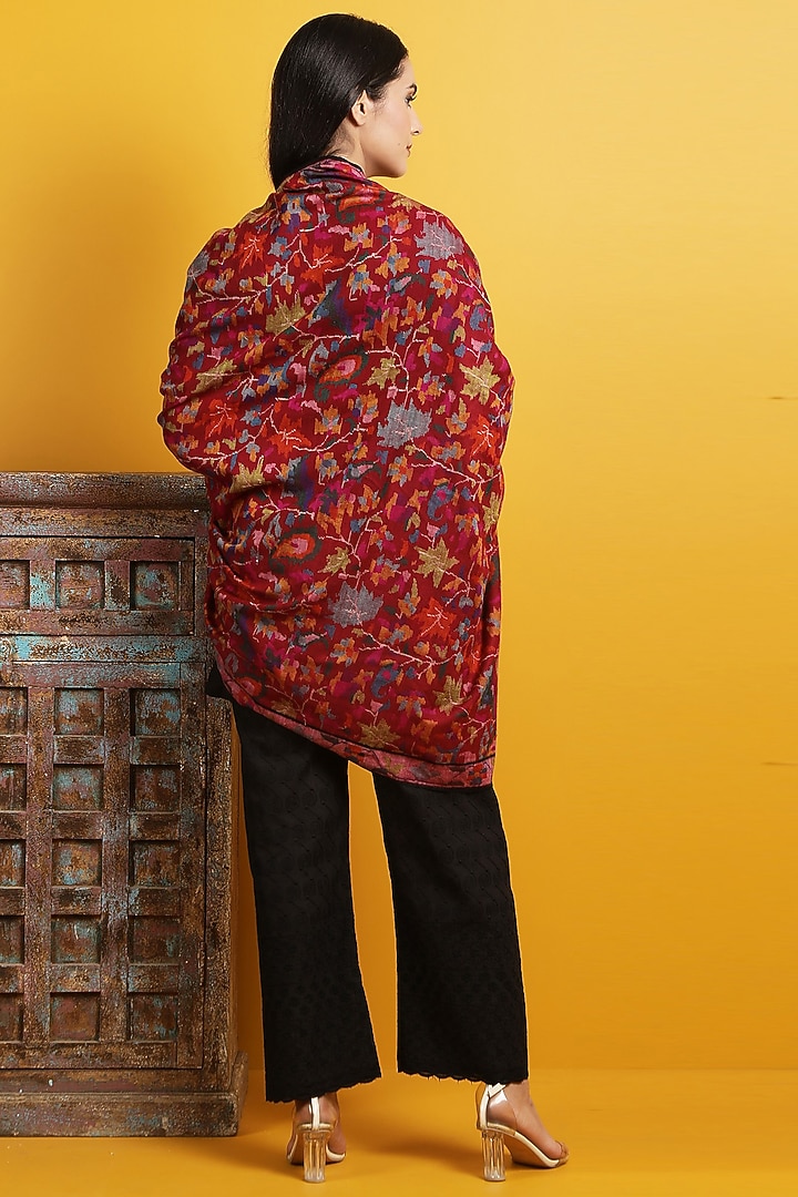 Maroon Hand Embroidered Shawl by DUSALA  ACCESSORIES at Pernia's Pop Up Shop