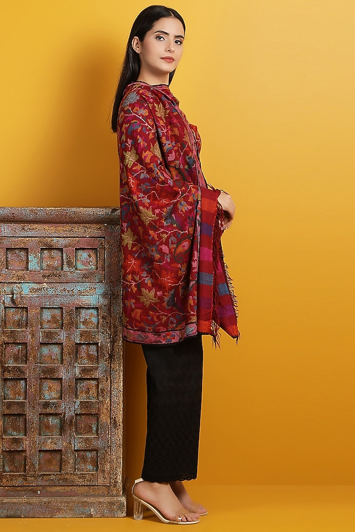 Maroon Hand Embroidered Shawl by DUSALA  ACCESSORIES at Pernia's Pop Up Shop