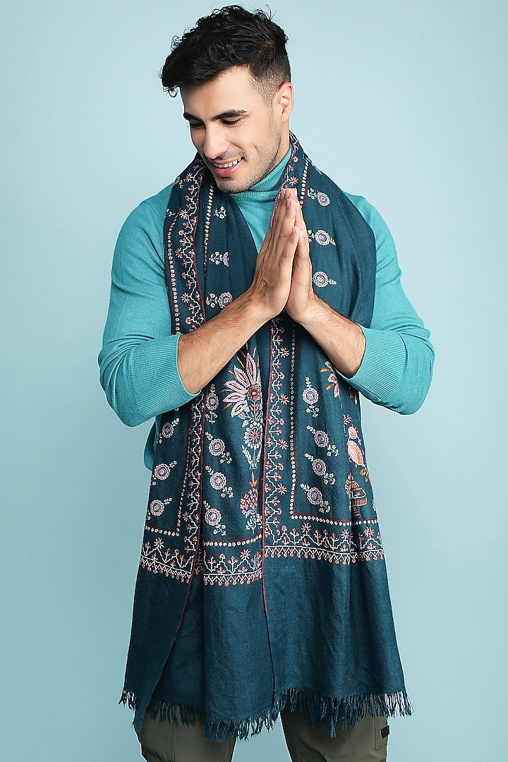 Dark Teal Embroidered Handwoven Shawl by Dusala Men