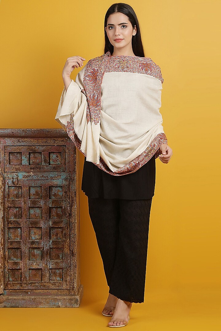 Light Beige Embroidered Handwoven Shawl by Dusala