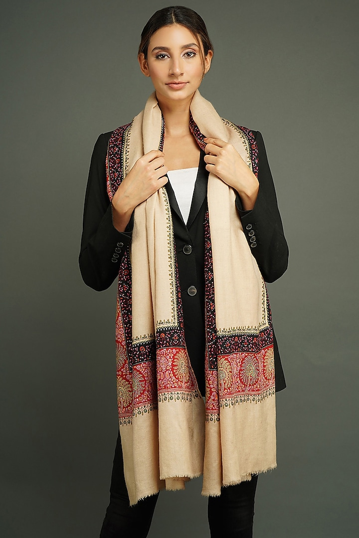 Beige Handwoven Shawl With Thread Work by Dusala