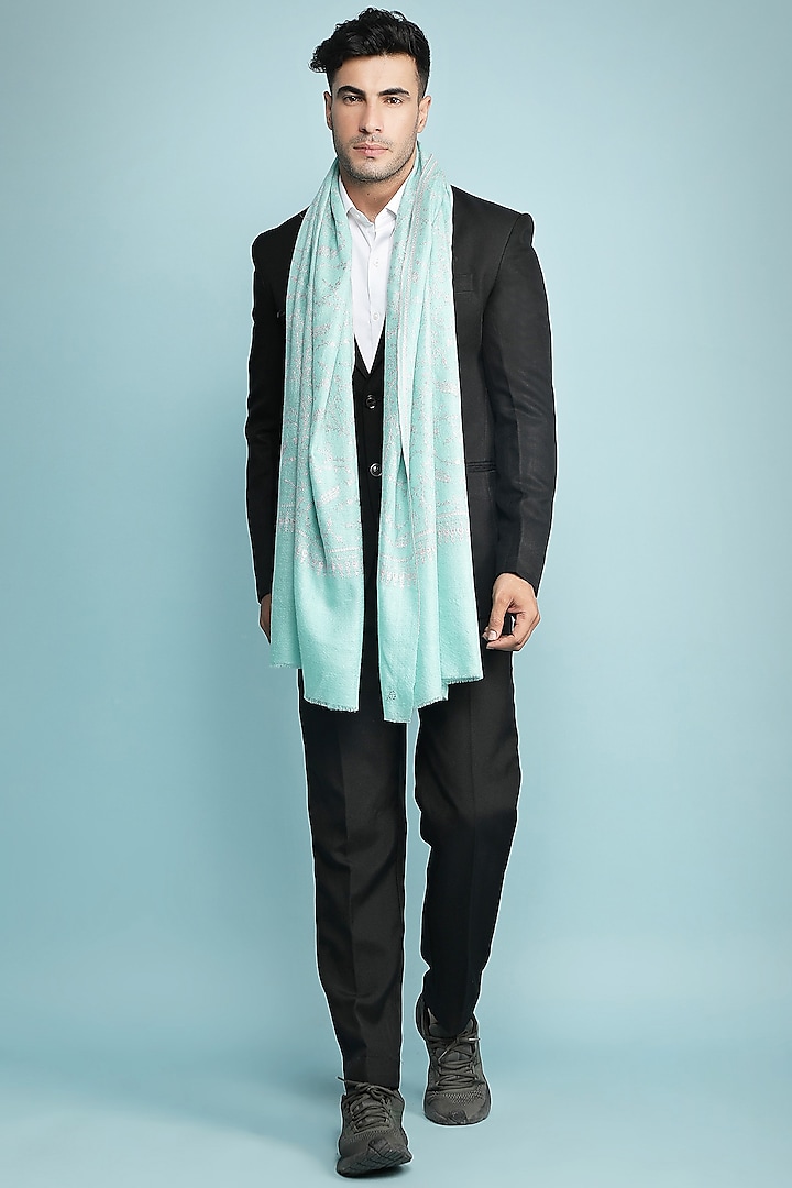 Mint Blue Hand Embroidered Shawl by Dusala Men
