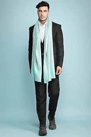 Mint Blue Hand Embroidered Shawl by Dusala Men
