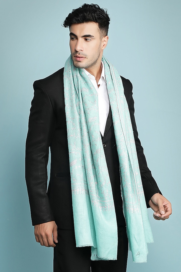 Mint Blue Hand Embroidered Shawl by Dusala Men at Pernia's Pop Up Shop