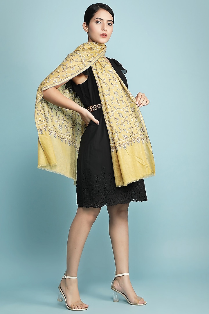 Aurora Yellow Hand Embroidered Stole by DUSALA  ACCESSORIES