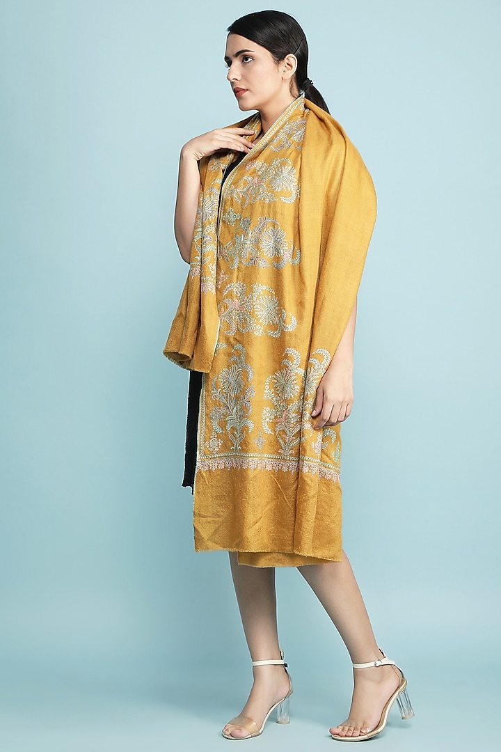 Mustard Hand Embroidered Stole by DUSALA  ACCESSORIES