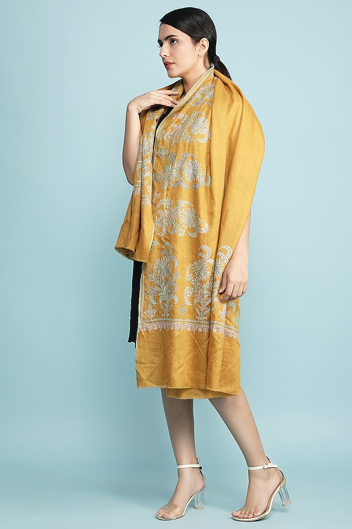 Mustard Hand Embroidered Stole by DUSALA  ACCESSORIES at Pernia's Pop Up Shop