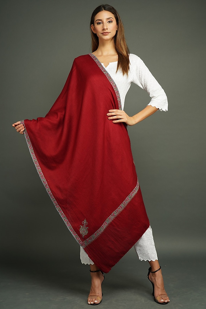 Crimson Red Handwoven Shawl by DUSALA  ACCESSORIES