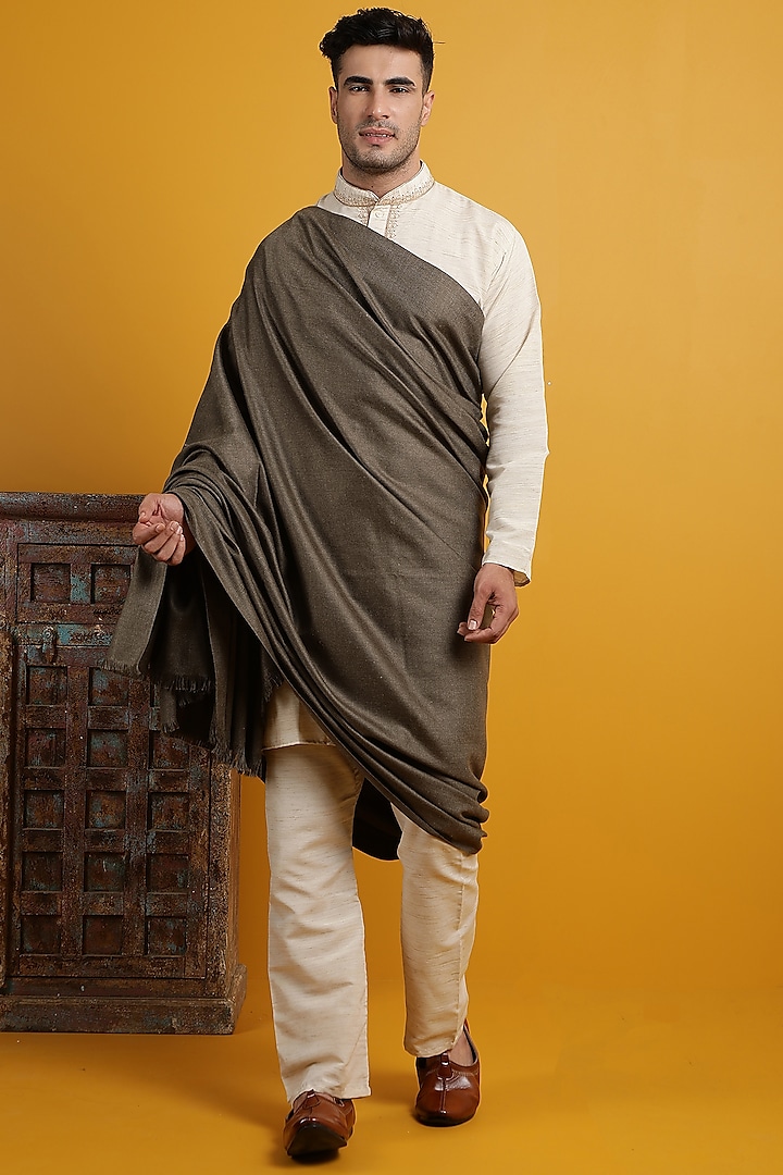 Taupe Handwoven Shawl by Dusala Men