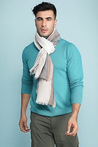 White & Grey Handwoven Stole by Dusala Men
