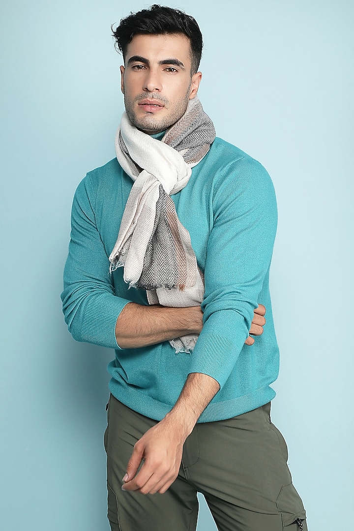 White & Grey Handwoven Stole by Dusala Men at Pernia's Pop Up Shop