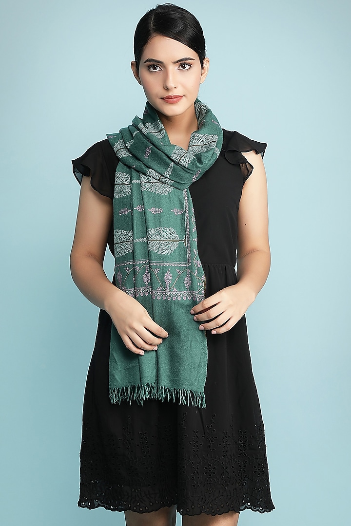Green Hand Embroidered Shawl by DUSALA  ACCESSORIES at Pernia's Pop Up Shop