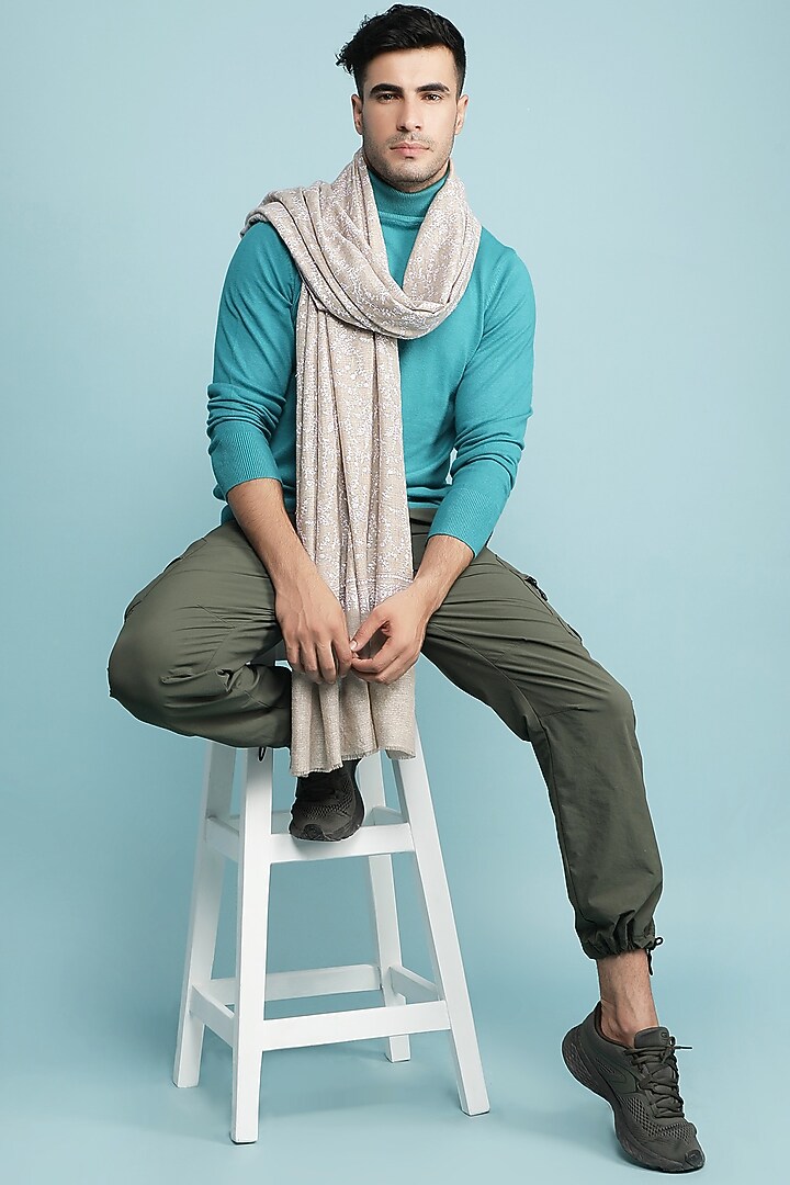 Grey Embroidered Handwoven Shawl by Dusala Men at Pernia's Pop Up Shop