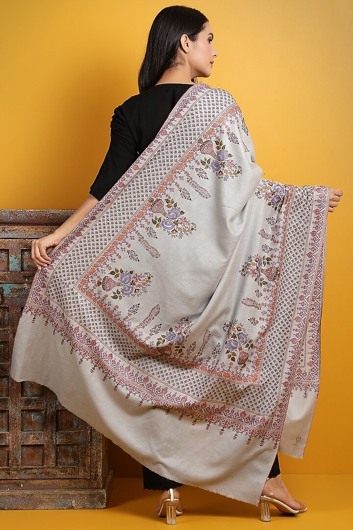 Grey Hand Embroidered Handwoven Shawl by DUSALA  ACCESSORIES at Pernia's Pop Up Shop