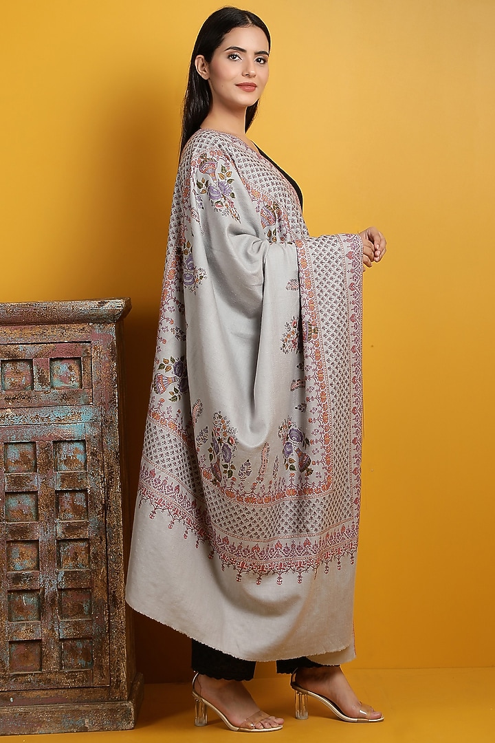 Grey Hand Embroidered Handwoven Shawl by DUSALA  ACCESSORIES at Pernia's Pop Up Shop