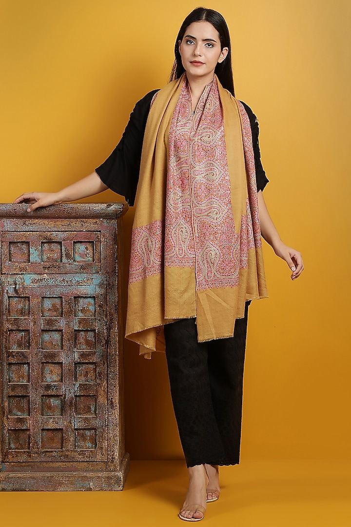 Yellow Hand Embroidered Handwoven Shawl by DUSALA  ACCESSORIES