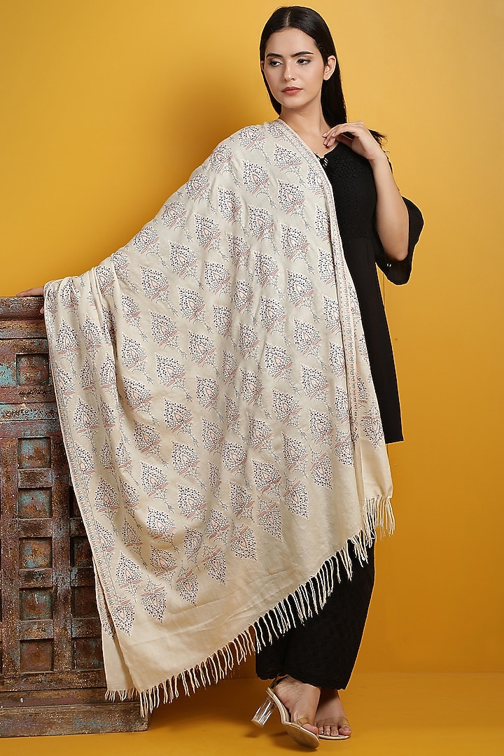 White Hand Embroidered Handwoven Shawl by DUSALA  ACCESSORIES