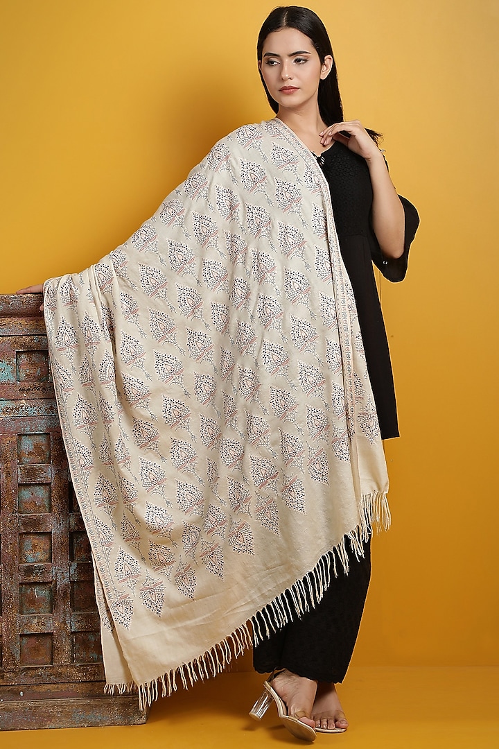 White Hand Embroidered Handwoven Shawl by DUSALA  ACCESSORIES at Pernia's Pop Up Shop