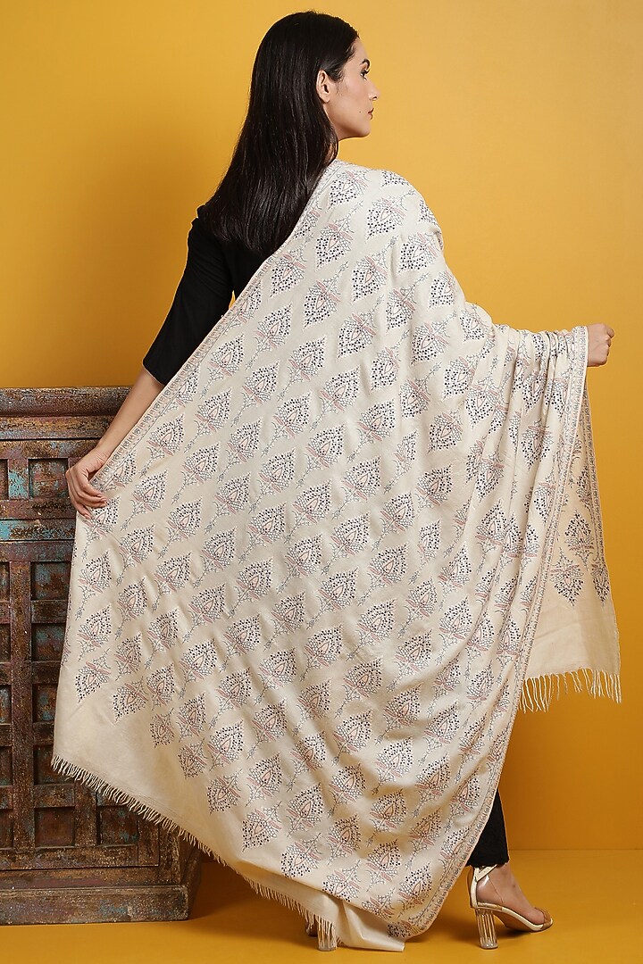White Hand Embroidered Handwoven Shawl by DUSALA ACCESSORIES at Pernia's Pop Up Shop