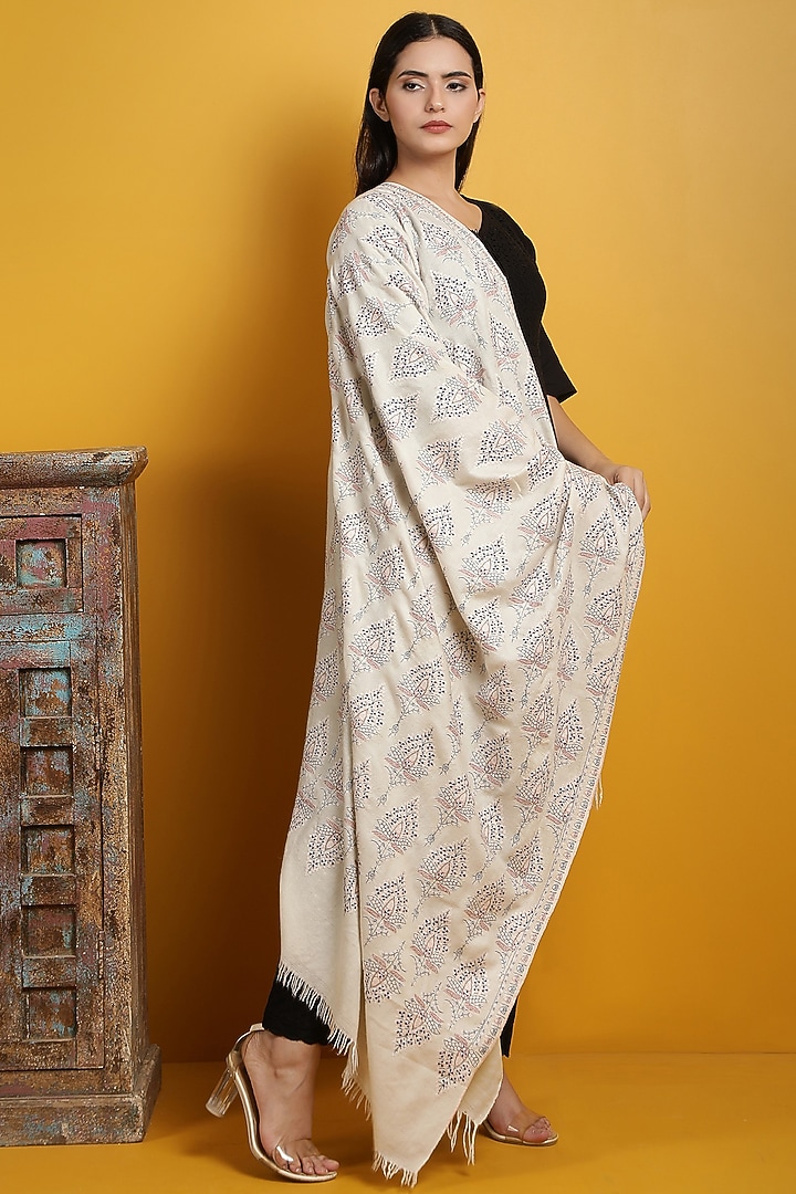 White Hand Embroidered Handwoven Shawl by DUSALA ACCESSORIES at Pernia's Pop Up Shop