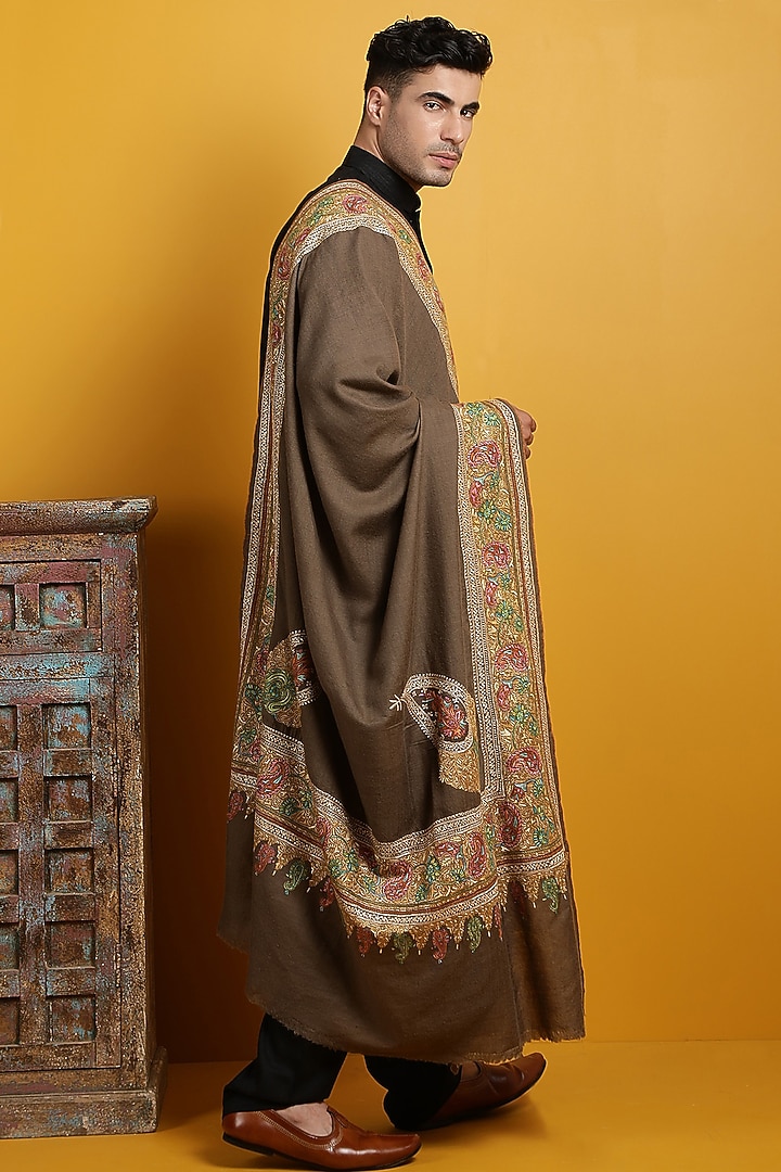 Brown Hand Embroidered Handwoven Shawl by Dusala Men at Pernia's Pop Up Shop
