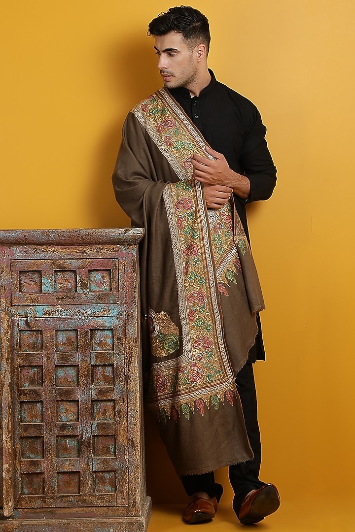 Brown Hand Embroidered Handwoven Shawl by Dusala Men at Pernia's Pop Up Shop
