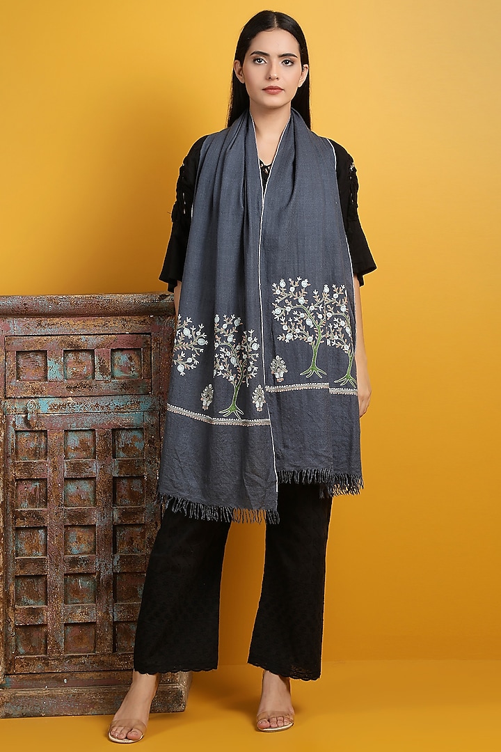 Dark Grey Hand Embroidered Handwoven Shawl by DUSALA  ACCESSORIES