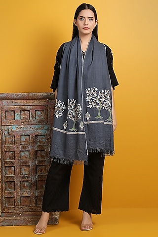Dark Grey Hand Embroidered Handwoven Shawl by DUSALA  ACCESSORIES