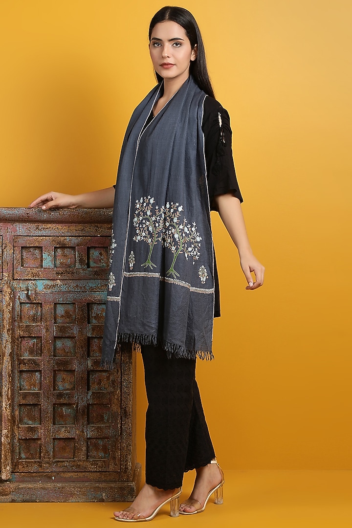 Dark Grey Hand Embroidered Handwoven Shawl by DUSALA  ACCESSORIES at Pernia's Pop Up Shop