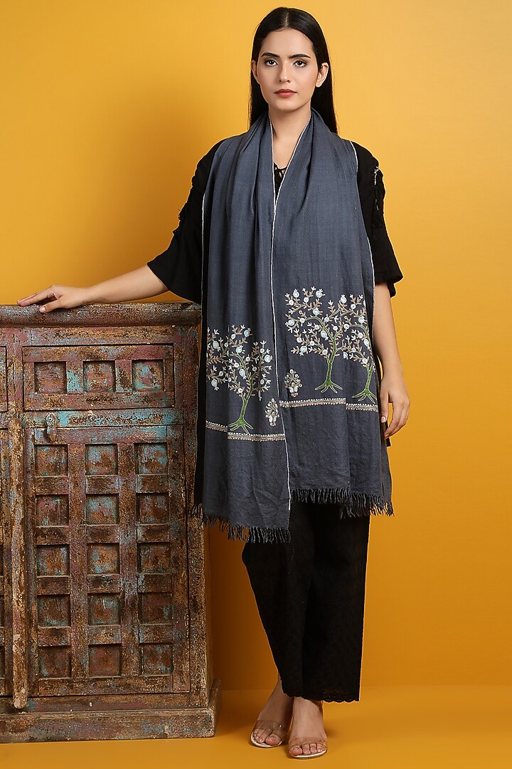 Dark Grey Hand Embroidered Handwoven Shawl by DUSALA  ACCESSORIES at Pernia's Pop Up Shop