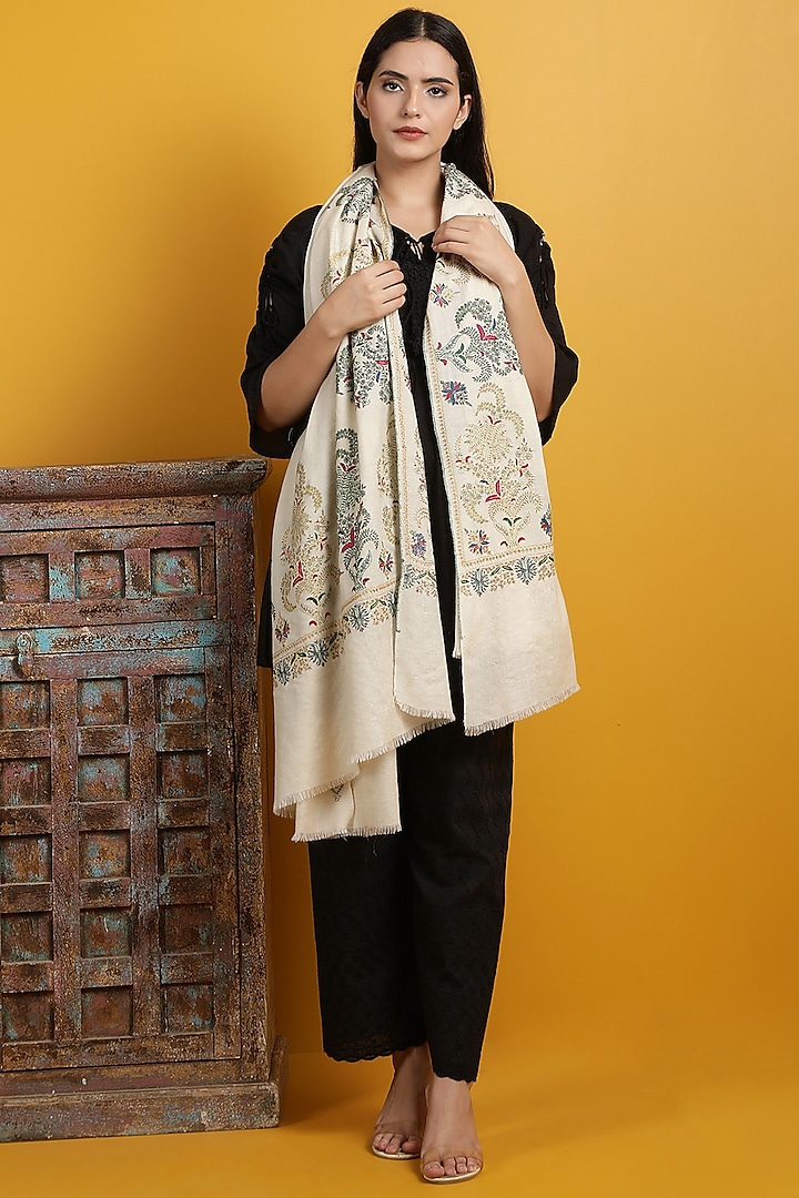 Cream Hand Embroidered Handwoven Shawl by DUSALA  ACCESSORIES at Pernia's Pop Up Shop