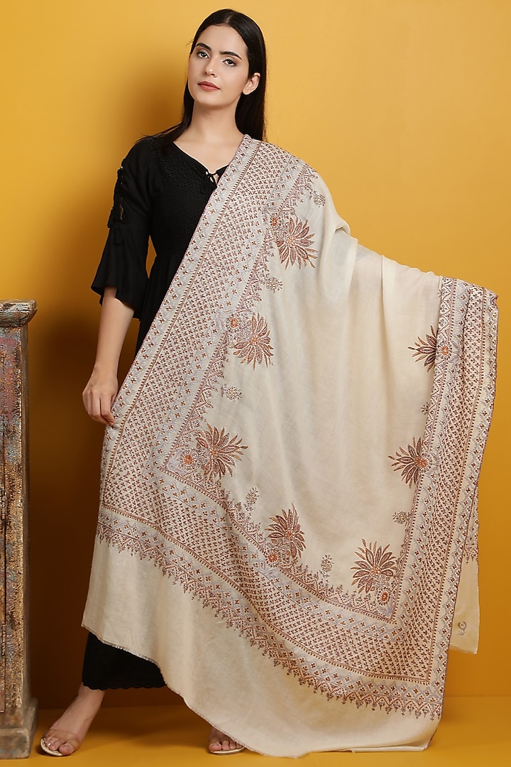 Beige Handwoven Shawl With Sozni Work by DUSALA  ACCESSORIES at Pernia's Pop Up Shop