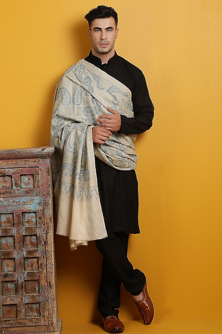 Beige Pashmina Handwoven Shawl by Dusala Men at Pernia's Pop Up Shop