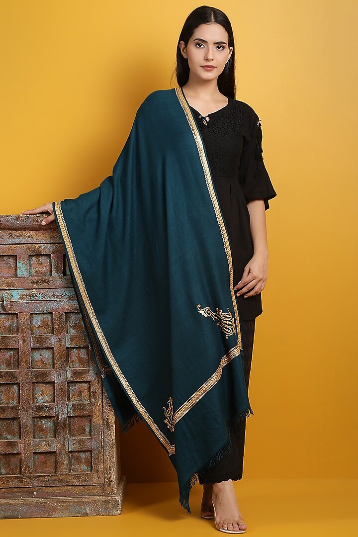 Teal Green Hand Embroidered Shawl by DUSALA  ACCESSORIES