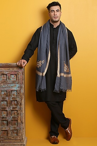 Dark Grey Pashmina Handwoven Shawl by Dusala Men
