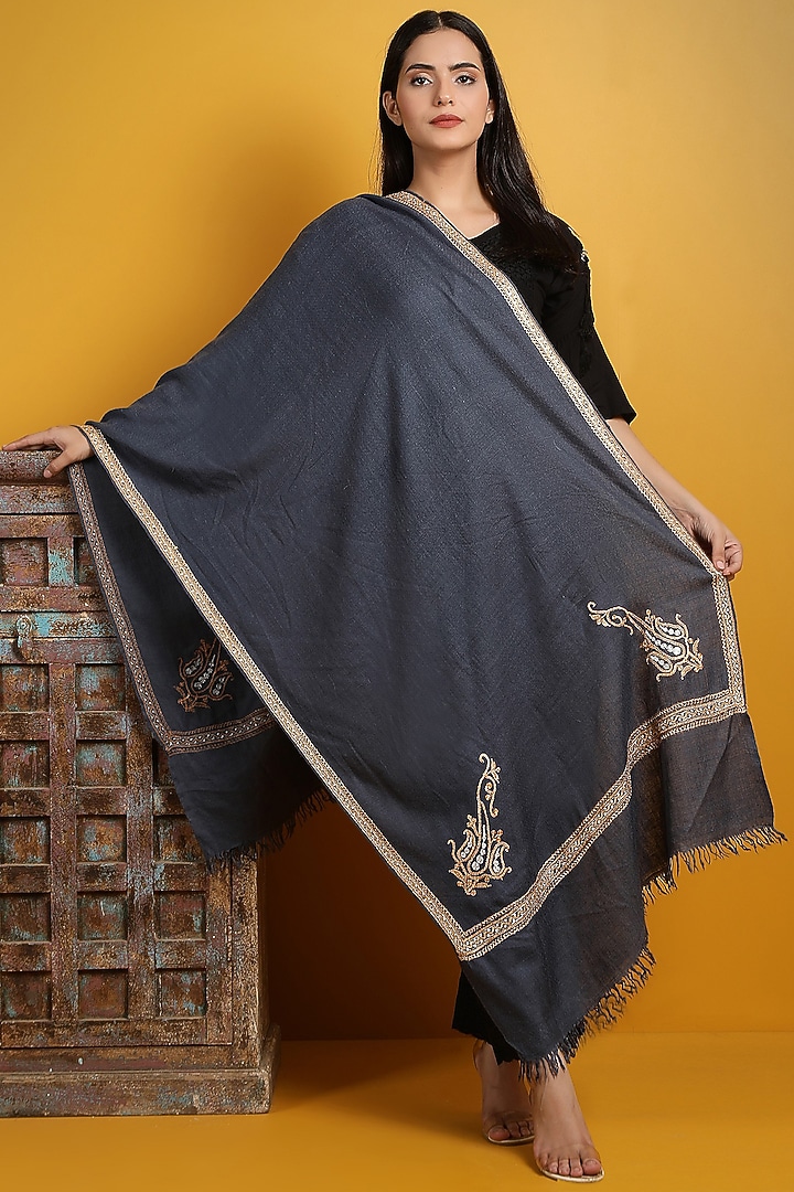 Dark Grey Pashmina Handwoven Shawl by DUSALA  ACCESSORIES at Pernia's Pop Up Shop