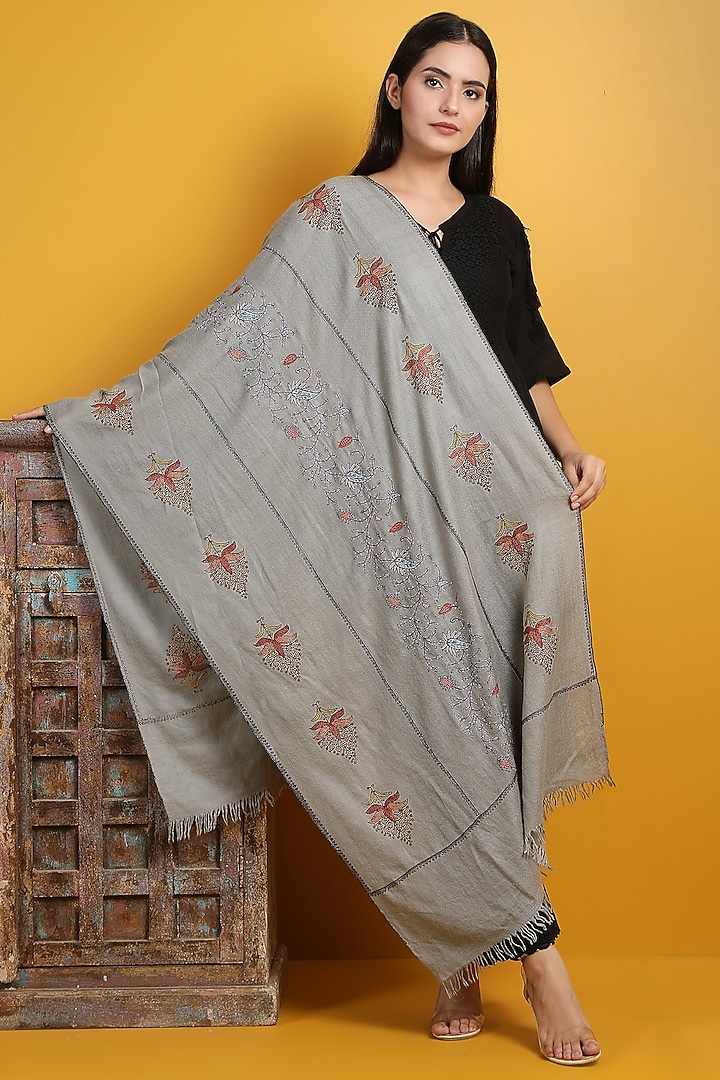 Grey Pashmina Handwoven Shawl by DUSALA  ACCESSORIES